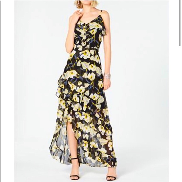 New INC High low dress. Black with blue yellow floral accents size 8P - Picture 3 of 8